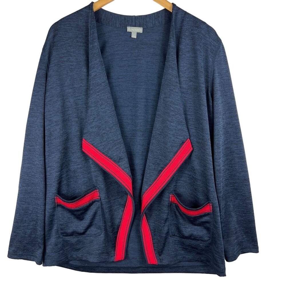 T by Talbots Womens Navy Blue & Red Open Front Draped Cardigan Sweater Size L
